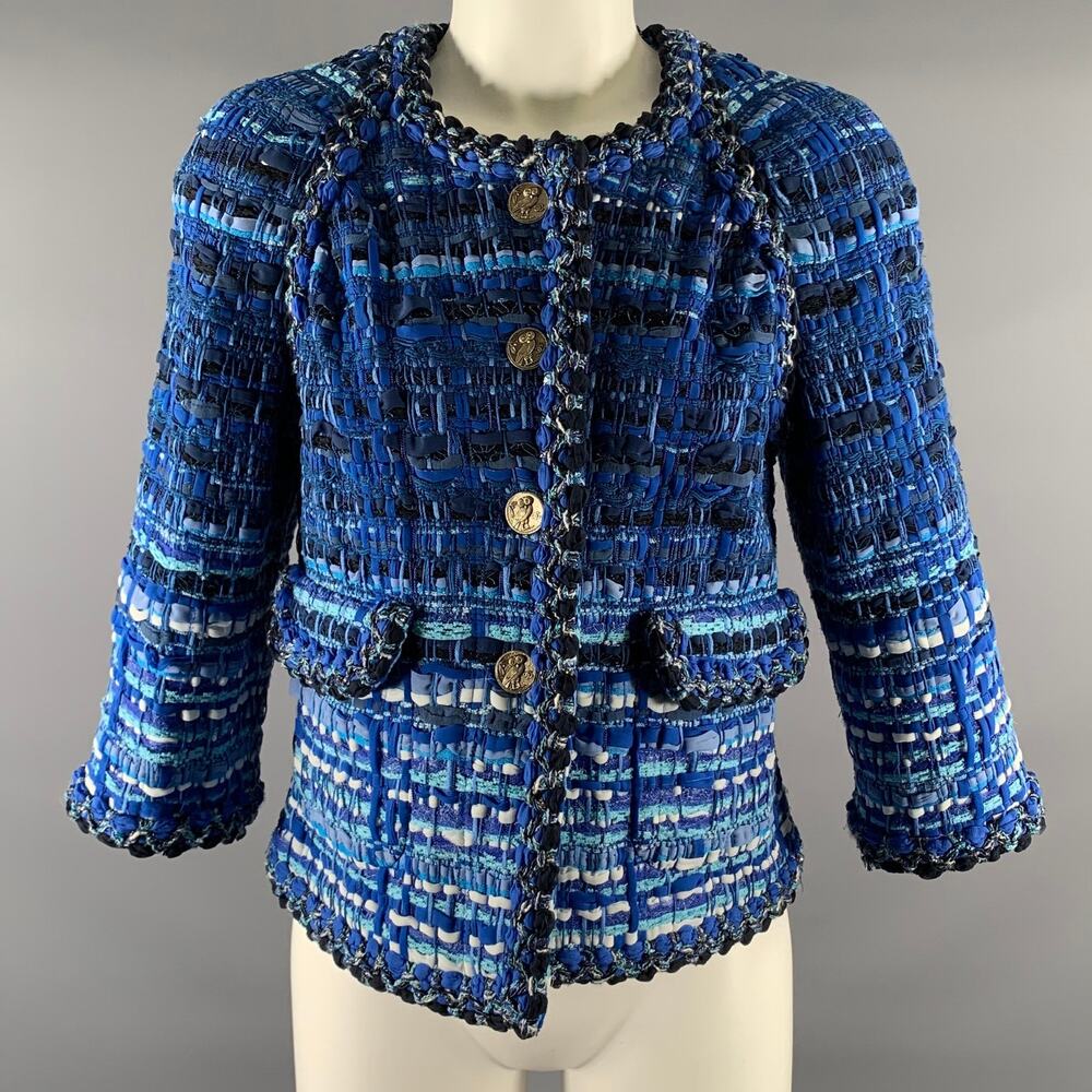 CHANEL Size 6 Blue Light Blue Cotton Blend Stripe Jacket